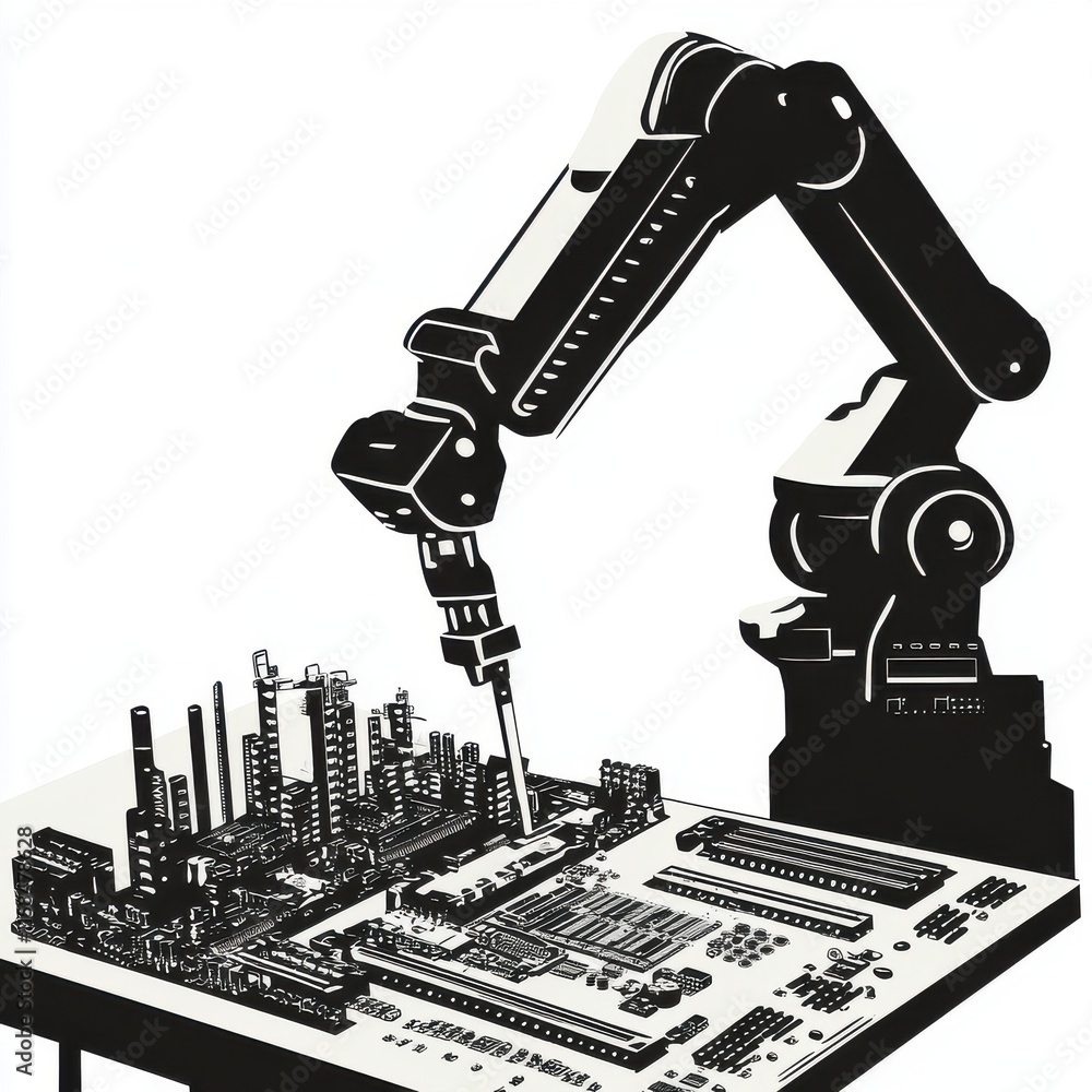 Poster a robotic arm assembling circuit components on a digital circuit board, showcasing innovation and te
