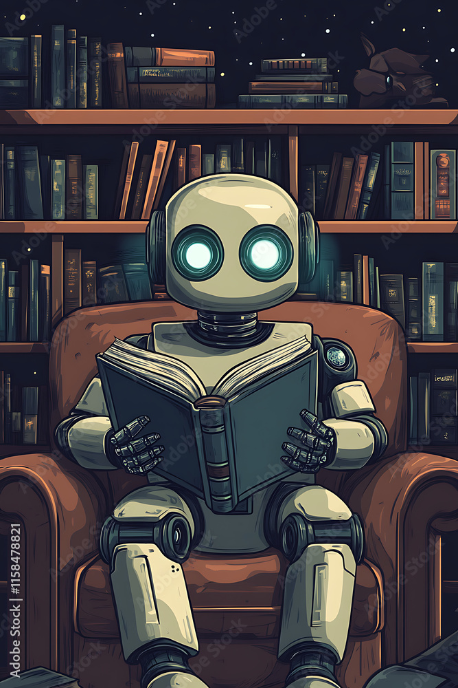Poster a robot reading a book in a cozy library setting.