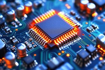 Close-up of illuminated Microchip on Circuit Board