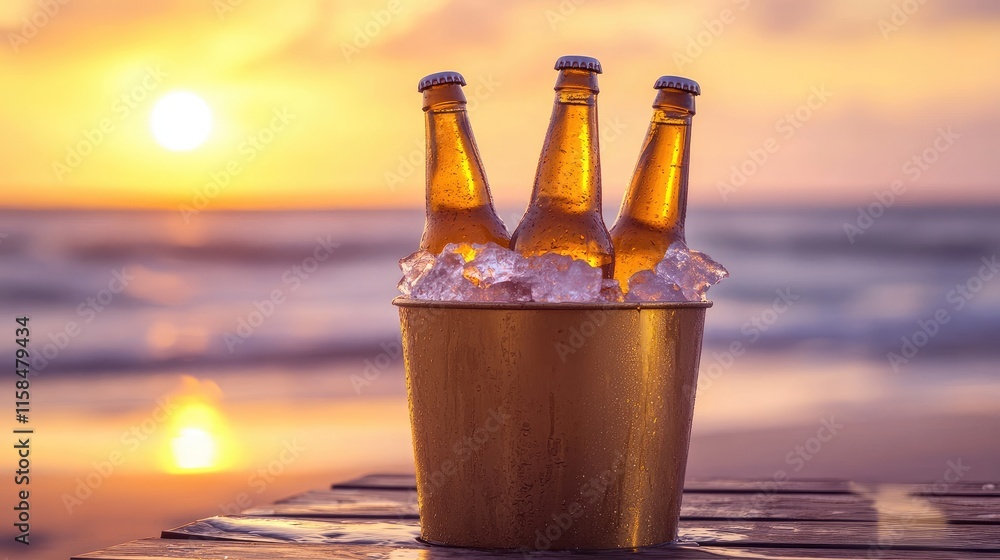 Aufkleber frosted beer bottles in a golden ice bucket, placed on a wooden table with a sunset beach in the bac