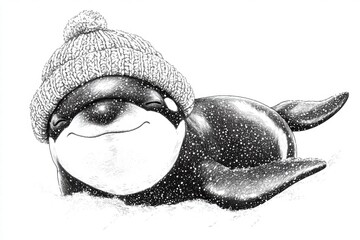 Orca Whale in Knitted Hat, Winter Snow Scene