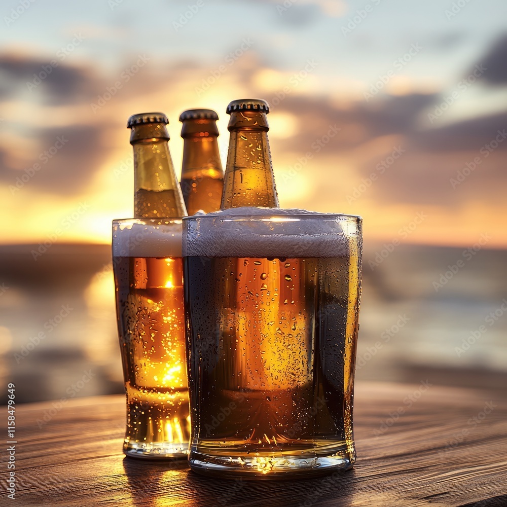 Poster group of frosty beer bottles in a golden ice bucket, perched on a dark-stained wooden table with a b