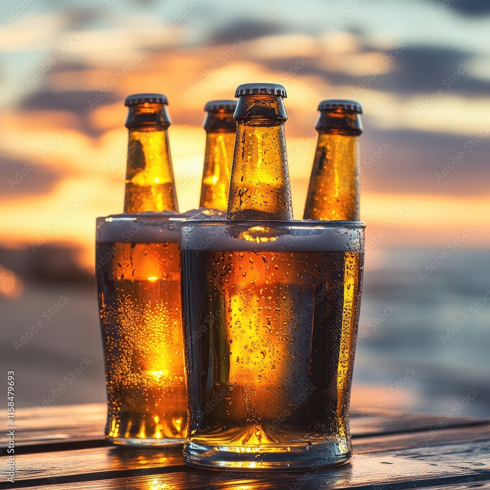 Poster group of frosty beer bottles in a golden ice bucket, perched on a dark-stained wooden table with a b