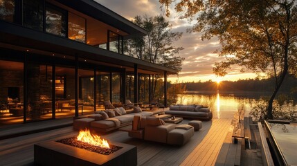 Fototapeta premium Golden hour light fills the serene lakeside scene with a cozy wooden deck, plush sofas, and a fire pit at a modern country house overlooking the autumn sunset