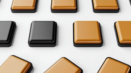 Colorful Square Buttons in Black and Gold Arrangement on White Surface