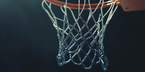 Close up of an empty basketball net swooshing against a dark background, ideal for showcasing sports related products, banners, or mockups featuring a basketball theme.