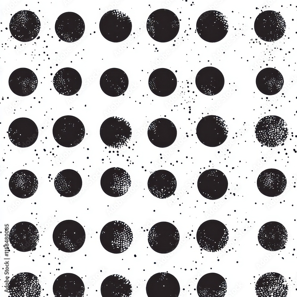 Poster black and white polka dot pattern with varying textures and sizes, creating a playful and dynamic vi