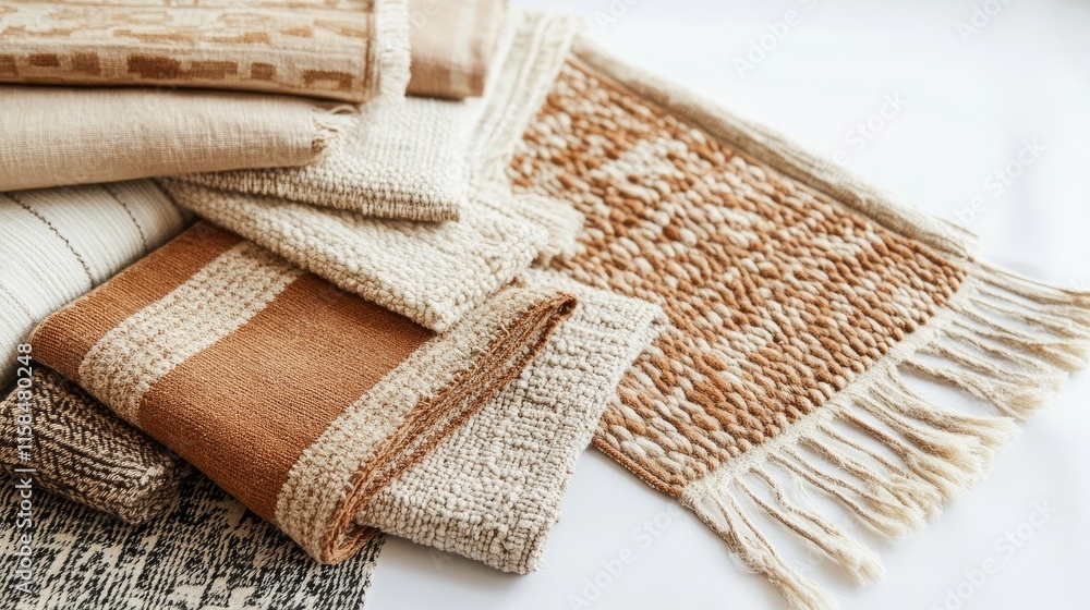Poster handcrafted textiles in warm, organic hues are elegantly displayed on a crisp white backdrop, emphas