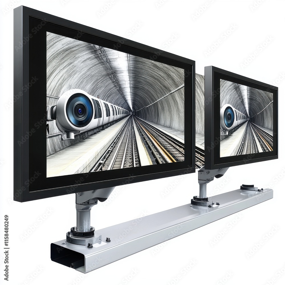 Poster two modern monitors displaying a high-tech subway tunnel with security cameras, evoking a sense of s