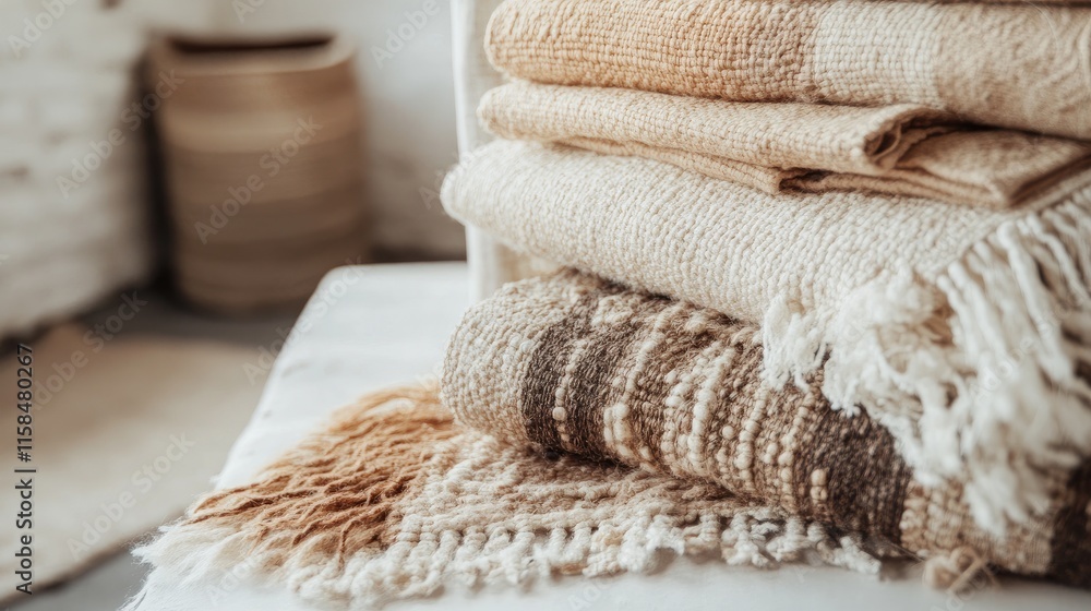 Poster handcrafted textiles in warm, organic hues are elegantly displayed on a crisp white backdrop, emphas