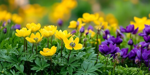 Obraz premium Yellow flowering plants, including anemones and common vetch, create a vibrant display in spring. This image showcases the beauty of anemonoides ranunculoides and vicia sativa.