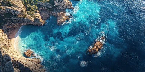 Birds eye view showcasing the stunning blue waters alongside the rough and rocky coastline, highlighting the beautiful contrast between the two nature elements.