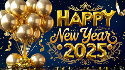 2025 A festive scene featuring a cluster of shimmering gold balloons in various sizes, inflated with helium and tied together with a flowing golden ribbon suspended mid-air amidst a lavish party decor