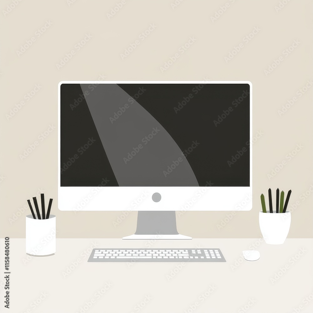Poster a minimalistic workspace featuring a sleek computer setup in a neutral color palette.
