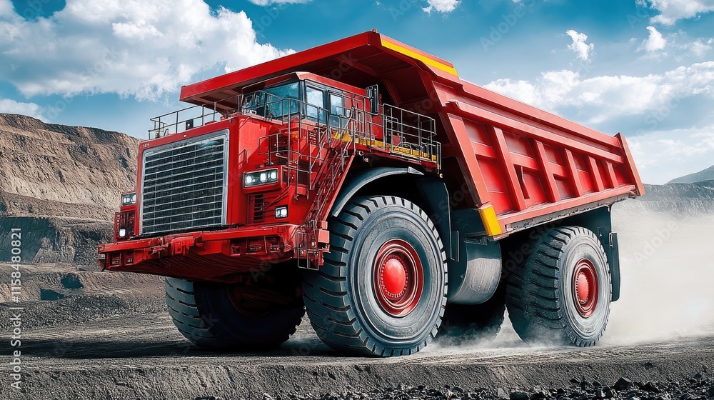 Aufkleber large dump trucks navigate a dusty, rugged terrain at a mining site, emphasizing their power and dur