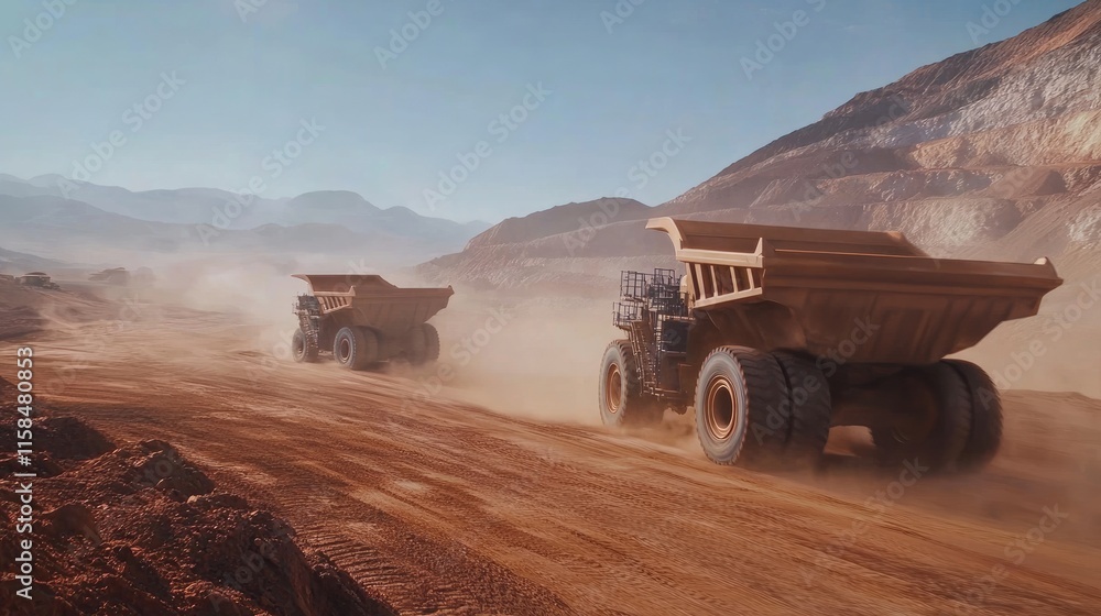 Poster large dump trucks navigate a dusty, rugged terrain at a mining site, emphasizing their power and dur