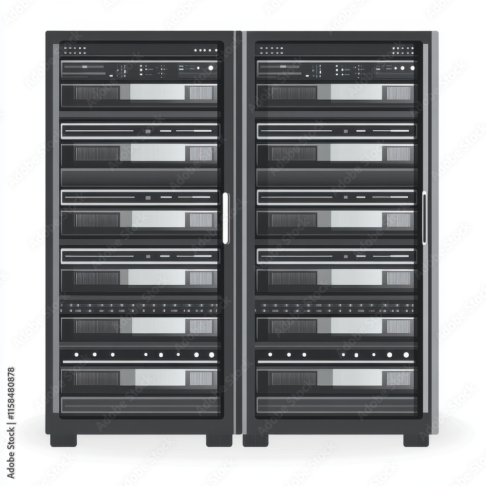 Poster two black data server racks displaying multiple server units in a modern, high-tech design.