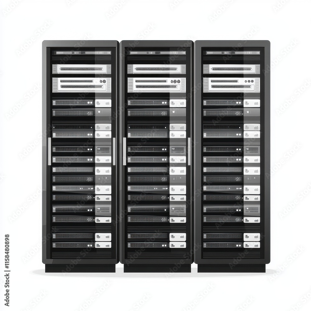 Poster three sleek server racks with multiple data storage units, showcasing a modern tech environment.
