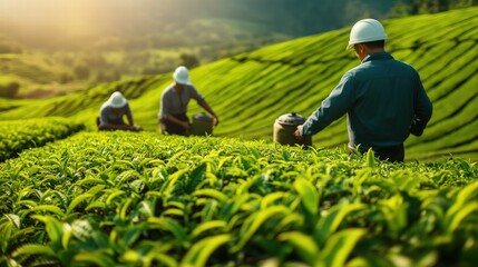 Male farmers in white hats work together in morning to check quality of tea leaves before harvest. Bright green morning fields represent responsible organic farming methods.