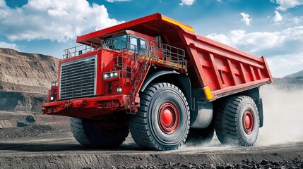 Large dump trucks navigate a dusty, rugged terrain at a mining site, emphasizing their power and durability