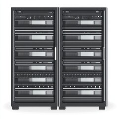 Obraz premium Two black data server racks displaying multiple server units in a modern, high-tech design.