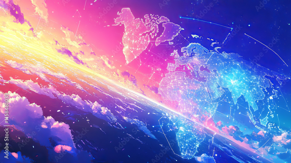 Poster abstract technology concept world map dot and digital link and binary hi tech on the future blue bac