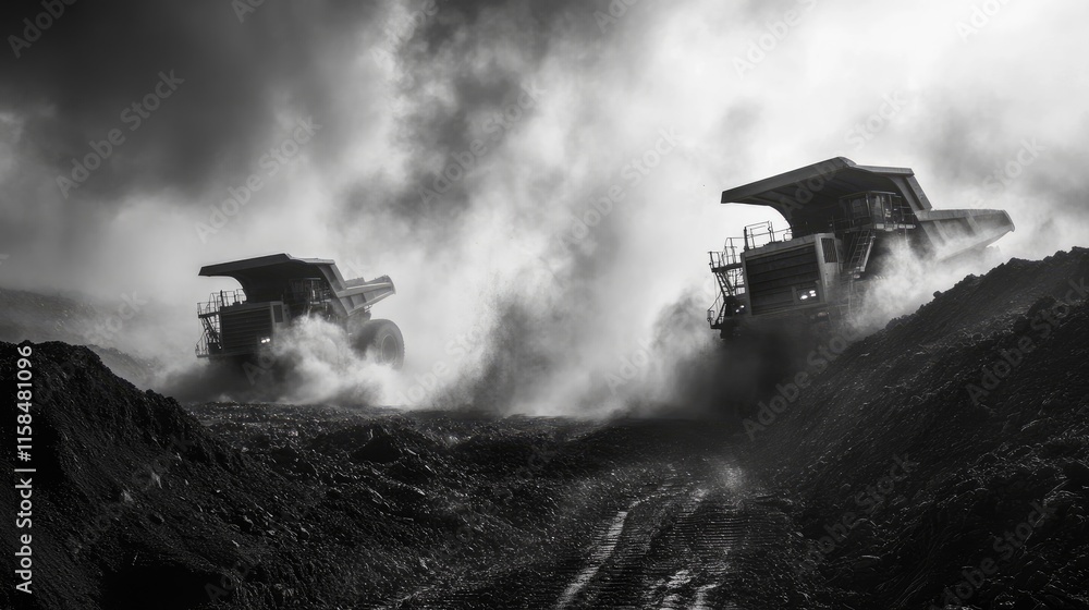 Aufkleber massive dump trucks kick up dust as they move through a mining site, illustrating the raw power of c
