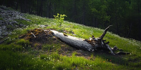 Obraz premium Fallen tree rests on the ground amidst green grass and blooming flowers on a sloping hill. The fallen tree highlights the consequences of a hurricane in a beautiful forest landscape.