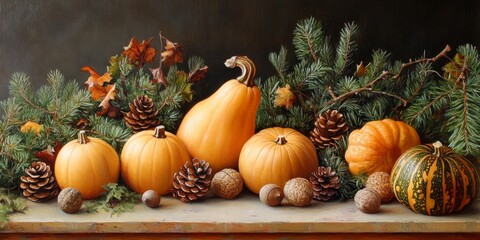 Autumn holiday still life featuring butternut squash, assorted little pumpkins, pinecones, green branches, and acorns. This autumn holiday scene is perfect for house decorating ideas.