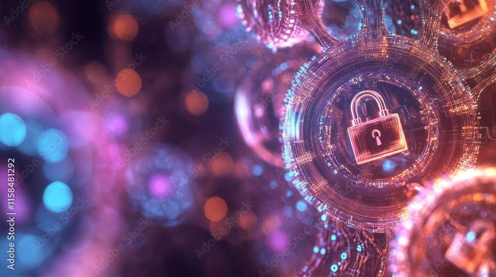 Poster abstract global dot network circle digital cyber security padlock connection and communication futur