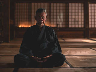 Fototapeta premium Martial Artist Meditating in Serene Dojo Setting