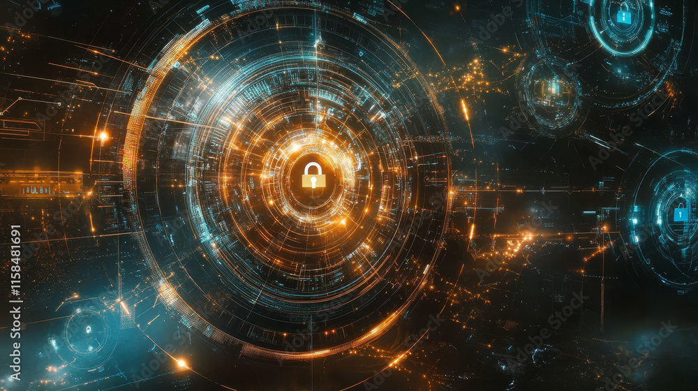 Poster abstract global dot network circle digital cyber security padlock connection and communication futur