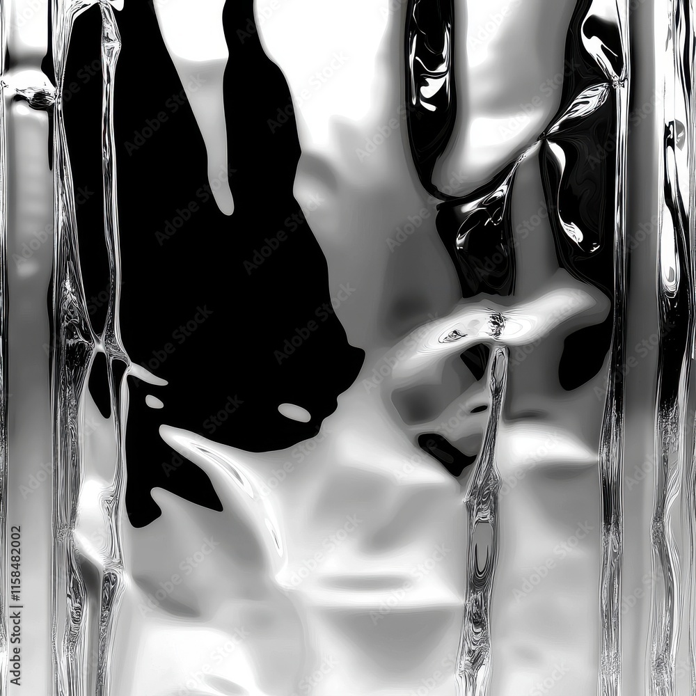 Poster abstract black and white fluid design with smooth, flowing lines creating a sense of depth and textu