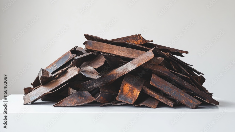 Poster rough and jagged scrap metal piles stacked on a white surface, showcasing the raw texture and indust
