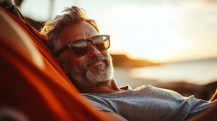 Senior man relaxing in hammock at sunset on beach