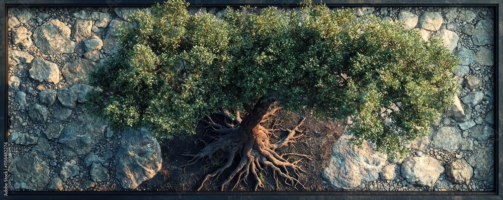 Poster elder tree abstract background concept. aerial view of an olive tree with intricate roots and stones