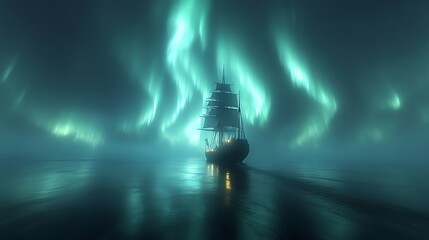 Sailing ship at night under aurora borealis.