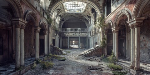 Obraz premium Abandoned building showcasing unique architecture, the abandoned building captures a sense of mystery and decay, highlighting the beauty found in an abandoned building setting.