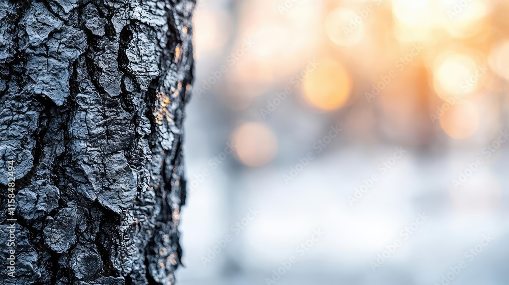Poster ebony tree abstract background concept. a close-up of textured tree bark illuminated by soft, warm s