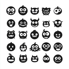 A playful collection of spooky monster and pumpkin faces in black silhouette on a white background.