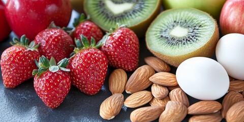 Variety of food selections promoting healthy teeth and a bright smile. Featuring the best food options for stronger, whiter teeth and improved oral health. Focus on dental nutrition with strawberries,