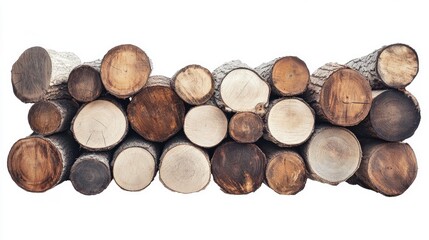 Rustic firewood logs, stacked in a natural, textured arrangement, isolated on a pure white background, emphasizing their earthy tones and shapes
