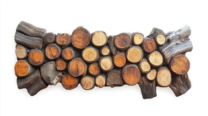 Rustic firewood logs, stacked in a natural, textured arrangement, isolated on a pure white background, emphasizing their earthy tones and shapes