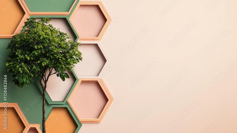 Poster elder tree abstract background concept. a modern wall design featuring hexagonal shapes and a small 