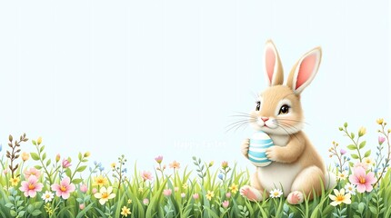 Fototapeta premium A cute bunny holding a striped Easter egg sits among colorful flowers with the text 