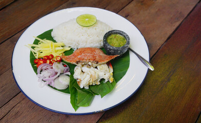 Rice with spicy crab with herbs, Thai cuisine