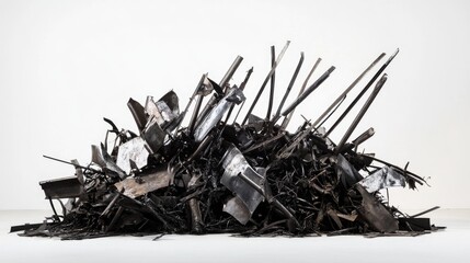 Scrap metal piles with twisted rods and jagged shards, each piece sharply detailed, creating an industrial scene against a stark white background
