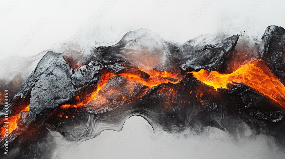 Poster smoldering coals with glowing embers and subtle heat waves, captured in close-up against a plain whi