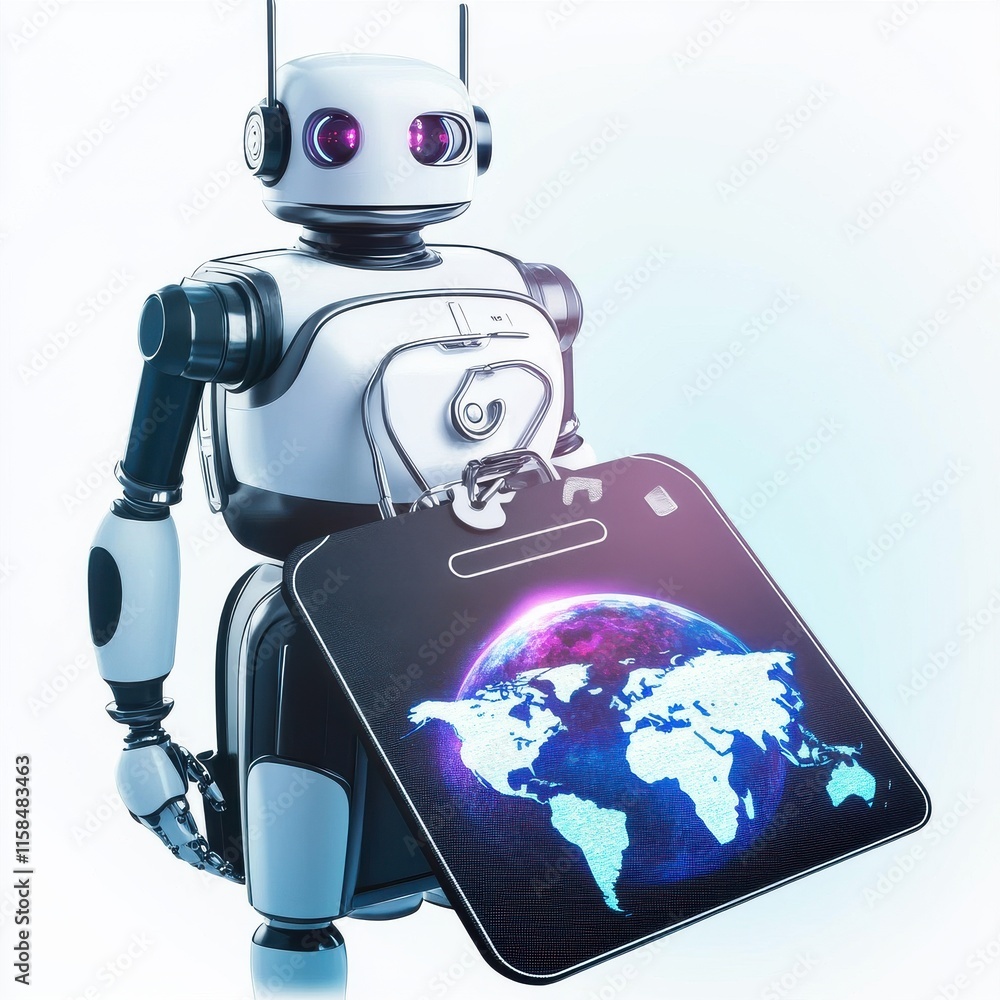 Poster a futuristic robot holding a tablet displaying a holographic globe, representing global connectivity