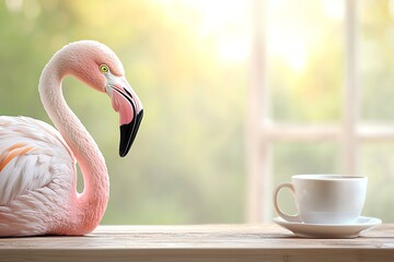 A serene scene featuring a pink flamingo beside a white coffee cup, bathed in soft natural light, evoking a calm and tranquil ambiance.